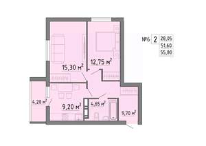 2-к квартира, строящийся дом, 56м2, 1/19 этаж