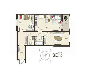 3-к квартира, строящийся дом, 67м2, 13/18 этаж