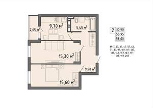 2-к квартира, строящийся дом, 59м2, 21/21 этаж