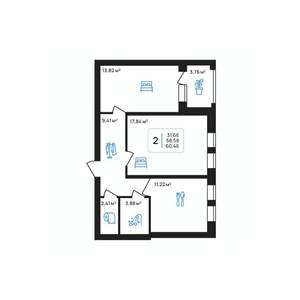 2-к квартира, строящийся дом, 60м2, 2/7 этаж
