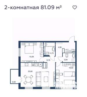 2-к квартира, сданный дом, 81м2, 9/25 этаж