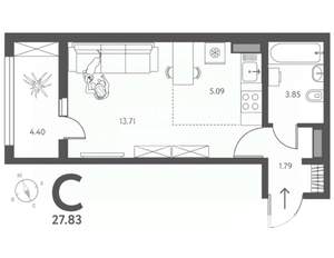 Студия квартира, вторичка, 28м2, 2/17 этаж