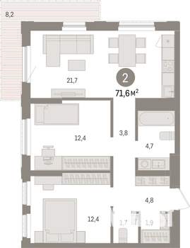 2-к квартира, вторичка, 72м2, 4/25 этаж