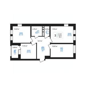 3-к квартира, строящийся дом, 78м2, 3/8 этаж