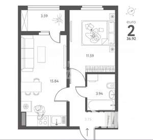 2-к квартира, вторичка, 37м2, 5/17 этаж