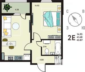 1-к квартира, сданный дом, 44м2, 16/17 этаж