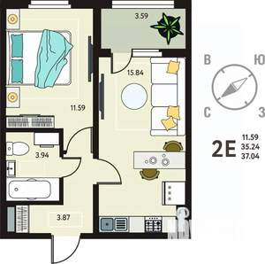 1-к квартира, сданный дом, 37м2, 5/18 этаж