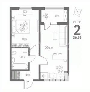 2-к квартира, вторичка, 37м2, 12/18 этаж