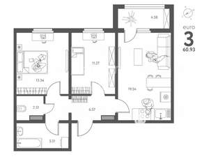 2-к квартира, вторичка, 61м2, 13/17 этаж