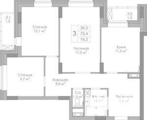 3-к квартира, строящийся дом, 76м2, 2/25 этаж