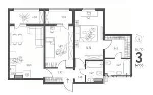 2-к квартира, строящийся дом, 67м2, 11/18 этаж