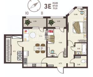 2-к квартира, вторичка, 72м2, 12/18 этаж