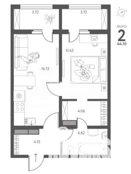1-к квартира, вторичка, 44м2, 12/17 этаж
