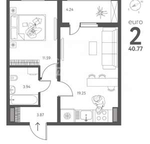 2-к квартира, вторичка, 41м2, 6/17 этаж