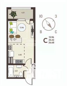 Студия квартира, вторичка, 27м2, 2/18 этаж
