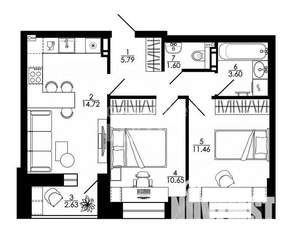 2-к квартира, строящийся дом, 52м2, 10/15 этаж