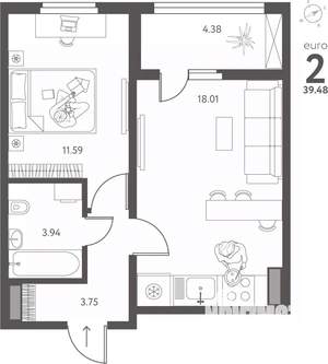 1-к квартира, вторичка, 39м2, 5/17 этаж