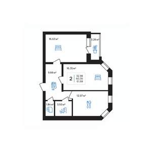 2-к квартира, строящийся дом, 62м2, 2/8 этаж