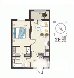 1-к квартира, вторичка, 42м2, 16/17 этаж