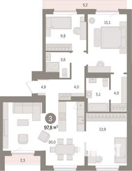 3-к квартира, строящийся дом, 98м2, 8/25 этаж