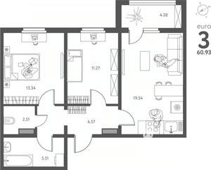2-к квартира, вторичка, 61м2, 16/17 этаж