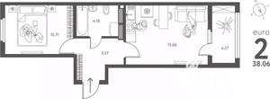 1-к квартира, сданный дом, 38м2, 13/17 этаж