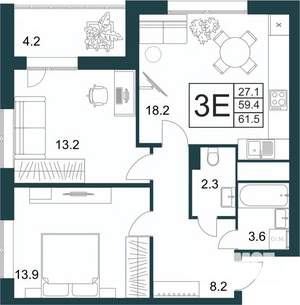 2-к квартира, строящийся дом, 62м2, 4/21 этаж