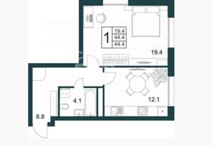 1-к квартира, вторичка, 44м2, 5/21 этаж