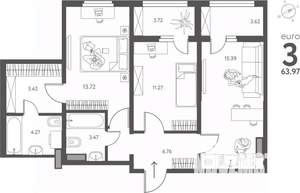 2-к квартира, вторичка, 64м2, 5/17 этаж