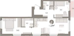 2-к квартира, строящийся дом, 63м2, 3/25 этаж