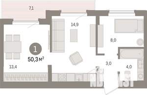 1-к квартира, строящийся дом, 50м2, 9/25 этаж