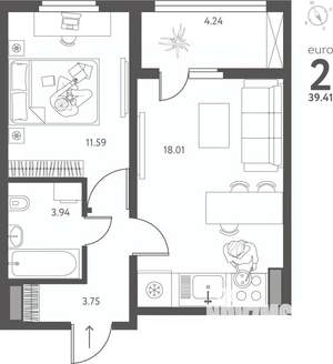 1-к квартира, вторичка, 39м2, 16/17 этаж