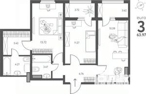 2-к квартира, сданный дом, 64м2, 17/17 этаж