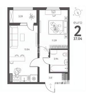 1-к квартира, вторичка, 37м2, 17/18 этаж
