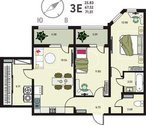 2-к квартира, сданный дом, 72м2, 15/18 этаж