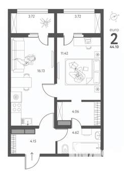 1-к квартира, строящийся дом, 44м2, 9/17 этаж