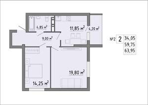 2-к квартира, строящийся дом, 64м2, 2/19 этаж