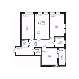 3-к квартира, строящийся дом, 96м2, 3/8 этаж