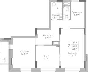2-к квартира, строящийся дом, 61м2, 17/19 этаж