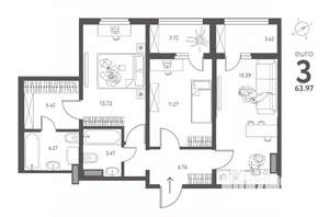 2-к квартира, строящийся дом, 64м2, 2/17 этаж