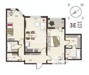 2-к квартира, вторичка, 74м2, 11/18 этаж