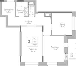 2-к квартира, строящийся дом, 60м2, 13/19 этаж