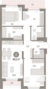 2-к квартира, строящийся дом, 80м2, 9/25 этаж