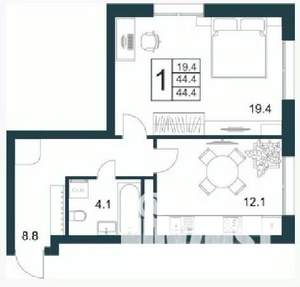 1-к квартира, строящийся дом, 44м2, 5/21 этаж