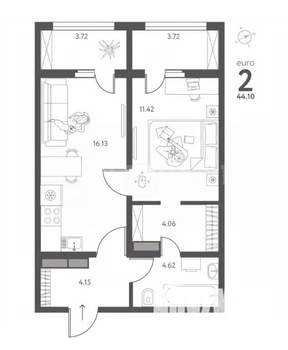 2-к квартира, вторичка, 44м2, 16/17 этаж