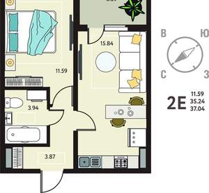1-к квартира, сданный дом, 37м2, 15/18 этаж