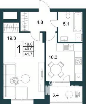 1-к квартира, строящийся дом, 42м2, 1/21 этаж