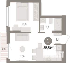 1-к квартира, строящийся дом, 36м2, 3/25 этаж