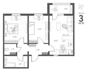 2-к квартира, вторичка, 61м2, 13/17 этаж