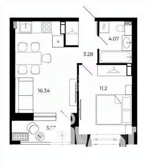 1-к квартира, строящийся дом, 38м2, 6/15 этаж